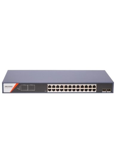 26 prievadų, 24 PoE prievadų komutatorius Hikvision DS-3E1526P-SI-24P2F 26 prievadų, 24 PoE prievadų komutatorius Hikvision DS-3E1526P-SI-24P2F