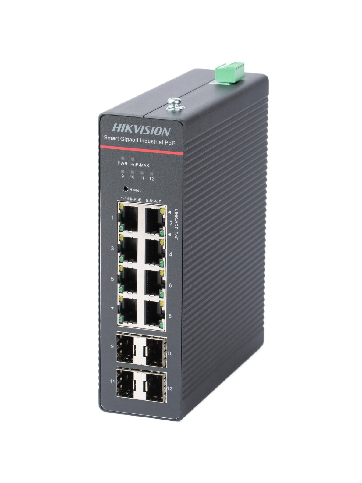 Hikvision 12 prievadų 8 PoE pramoninis valdomas komutatorius DS-3T1512HP-SI-8P4F Hikvision 12 prievadų 8 PoE pramoninis valdomas komutatorius DS-3T1512HP-SI-8P4F