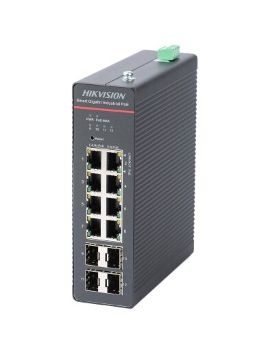 Hikvision 12 prievadų 8 PoE pramoninis valdomas komutatorius DS-3T1512HP-SI-8P4F Hikvision 12 prievadų 8 PoE pramoninis valdomas komutatorius DS-3T1512HP-SI-8P4F