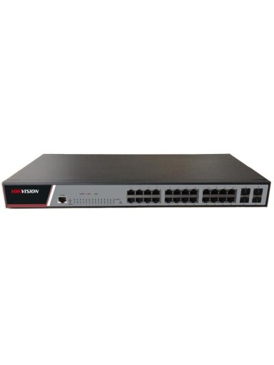 Komutatorius 28 prievadų Hikvision DS-3E2528(B) (24xPoE 1000Mbps, 4xSFP, L2 valdomas, VLAN, RSTP, IGMP, QoS, ERPS)